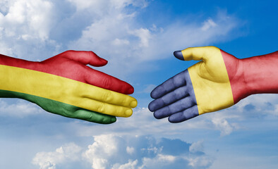 Romania and Bolivia country handshaking with flags, consensus concept international co-operation illustration