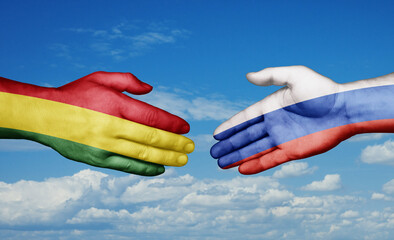 Russian Federation and Bolivia country handshaking with flags, consensus concept international co-operation illustration