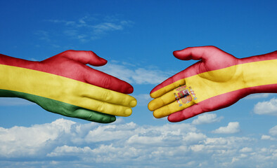 Spain and Bolivia country handshaking with flags, consensus concept international co-operation illustration