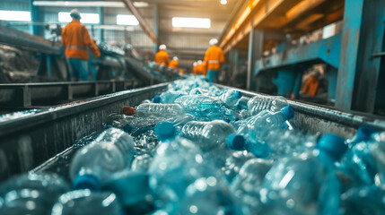 Fototapeta premium Plastic waste is transported by conveyor belt in recycling plants. Ideas for reducing plastic pollution Implementing effective waste sorting practices at plastic sorting stations