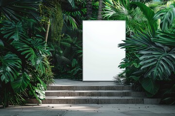 Large blank advertising poster billboard banner mockup in front of stairs; lush plants and tress in background; digital light box display screen for OOH media with generative ai