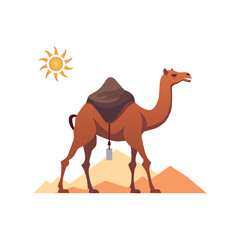 Camel in desert with sun. Cartoon style vector illustration