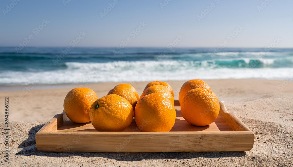 Sticker fresh oranges on wooden tray on sandy beach, ocean waves. sweet and juicy citrus. tropical fruit.