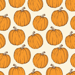 Hand-drawn vector pumpkin sketch. Seamless nature background. Fresh organic food. Vintage pattern.