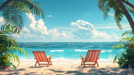 Inspirational summer tropical landscape with chairs on the sandy beach near the sea, banner