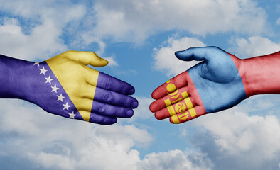 Mongolia and Bosnia and Herzegovina country handshaking with flags, consensus concept international co-operation illustration