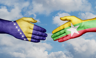 Myanmar aka Burma and Bosnia and Herzegovina country handshaking with flags, consensus concept international co-operation illustration