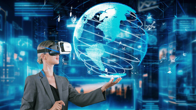 Woman looking finance big data dynamic rotating dynamic world screen by VR future global market innovation interface digital infographic network technology virtual hologram at building. Contraption.