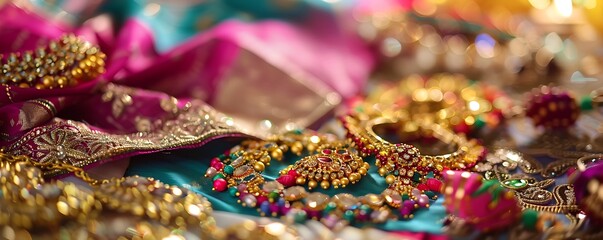 A close-up of traditional Navaratri jewelry displayed on a decorated table with colorful fabrics and festive decor, capturing the essence of the celebration.