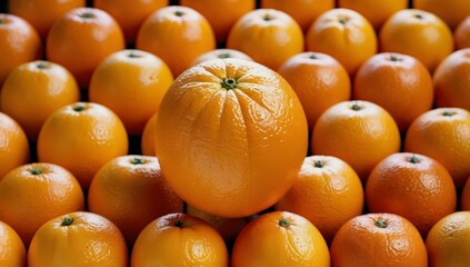 Photos of orange fruit are arranged precisely and orderly. Bright orange oranges, stacked neatly on a wooden table, soft, blurry sunlight forms the background.