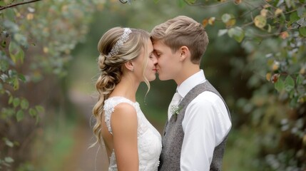 Fototapeta premium Newlywed Same Gender Couple s First Intimate Kiss in Romantic Outdoor Garden Setting