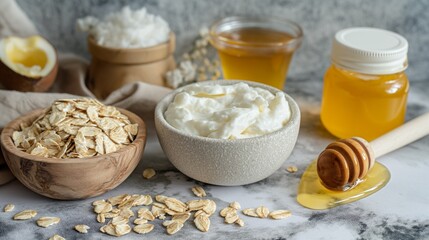 Fototapeta premium Oats, honey, yogurt, face scrub ingredients, still life, skin care