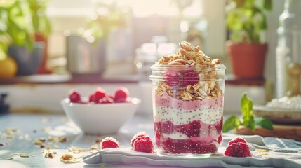 Colorful Breakfast Parfait with Chia Pudding, Fresh Raspberries, and Nuts on Bright Kitchen...