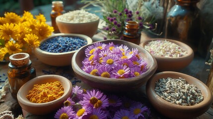 Fototapeta premium Lavender, chamomile, calendula, herbal infusions, natural cosmetic ingredients, still life, skin care