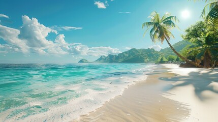 Tranquil beach with powdery white sand, crystal-clear waters, and swaying palm trees.