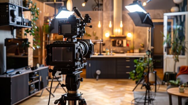 A camera on a tripod in a modern living room captures footage of an out-of-focus kitchen, ready to shoot. Lights and equipment illuminate the scene