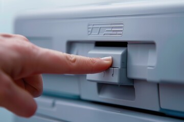 Close-up of Finger Pressing Power Button on Document Shredder for Sensitive Information Protection