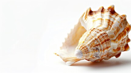 Close up of seashell on white background with space for text