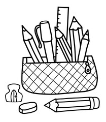 School pencil case with pencils, pens, ruler and sharpener with eraser. Outline hand drawn doodle. Stationery, school accessories, educational items. Vector illustration.
