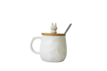 white ceramic sugar bowl with spoon and lid with a ceramic figurine of an animal. Isolated on a transparent background. PNG format available