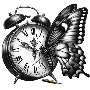 butterfly with alarm clock tattoo design illustration