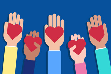 Hands holding red hearts, symbol of kindness and humanity. Vector illustration.