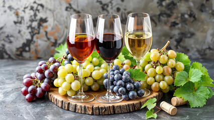 Glasses of red, white and rose wine with bunches of grapes on a wooden board. Autumn harvest