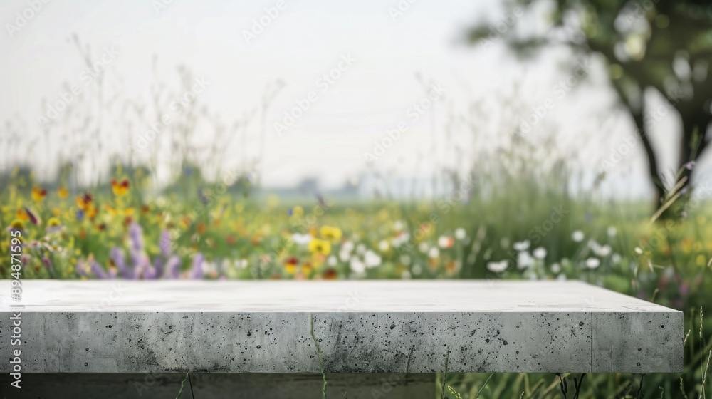 Poster a concrete tabletop sits in a lush garden with a blurred background of blooming flowers and greenery