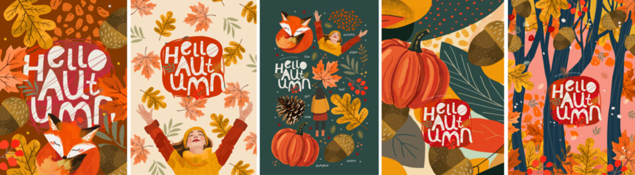 Hello, autumn. Vector cute illustration of nature, frame, pattern, forest, leaves, leaf, pumpkin, acorn, girl, fox, maple leaf for background, greeting card, invitation, poster or background