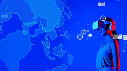 Woman in VR looking analyze meta world financial business data graph dynamic report blue background upload global interface digital infographic network technology visual 3D animation. Hallucination.in