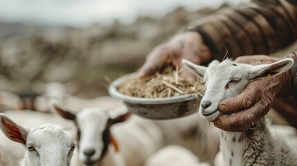 Obraz premium A farmer tenderly feeds young goats with hay in a farm, depicting the nurturing bond between humans and animals, and the care involved in livestock farming.
