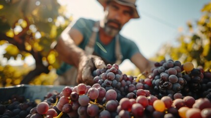 A farmer collecting clusters of vibrant, purple grapes in a vineyard bathed in sunlight, showcasing the meticulous nature of grape harvesting and the farmer's dedication to their craft.