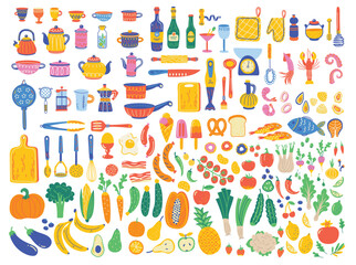 Food set with kitchen utensil and appliance, fruit and vegetables. Illustration of kitchen elements in flat style. Funny cartoon vector clipart.