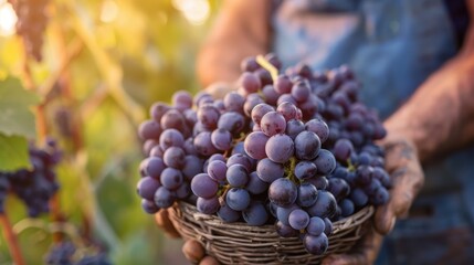Hands showcasing a basket full of freshly harvested, plump purple grapes in a vineyard, symbolizing...