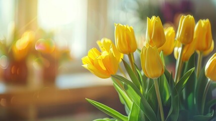 Naklejka premium Yellow tulips close up on kitchen background with spring vibe aura and space for copying