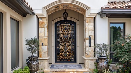 Mediterranean front door with wrought iron details and vibrant tile accents