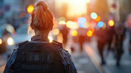 Obraz premium An urban street scene featuring a uniformed individual standing vigil with a backdrop of colorful, blurred traffic lights, signifying alertness and responsibility in a vibrant city.
