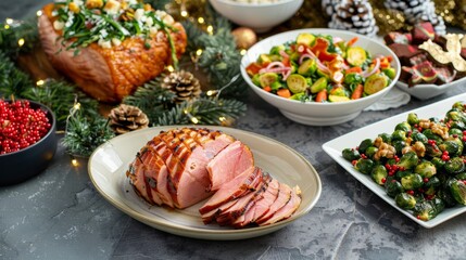Festive Holiday Meal with Diabetic Friendly Baked Ham, Roasted Brussels Sprouts, and Garden Salad