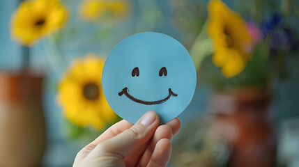 Hand holding blue paper cut happy smile face Positive. Generative AI