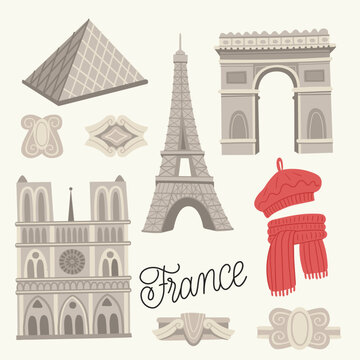 Flat vector illustration with traditional symbols of France, architecture. Paris landmarks. Set with Eiffel Tower, Louvre, Moulin Rouge Cabaret, Notre Dame Cathedral, Arc de Triomphe.