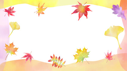 秋の紅葉をイメージしたカラフルなフレーム素材、テキスト無し、ベクターイラスト、16:9、手描き、水彩のもみじ、いちょう