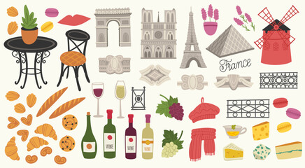 Flat vector illustration with traditional symbols of France, food and architecture. French cuisine. Set with croissant, baguette, beret, pastries, lavender, wine, grapes, cheese
