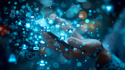 Hand holding smartphone with media icons and symbol . Generative AI
