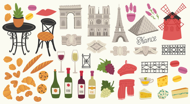 Flat vector illustration with traditional symbols of France, food and architecture. French cuisine. Set with croissant, baguette, beret, pastries, lavender, wine, grapes, cheese