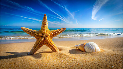 A yellow starfish lies on the sandy shore of a beach, with a white seashell resting nearby. The clear blue water and bright sky create a beautiful backdrop