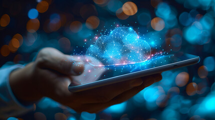 Hand of businessman showing cloud computing on tablet. Generative AI