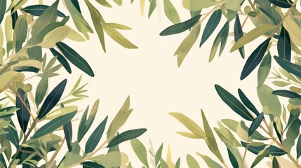 Fototapeta premium Hand Drawn Olive Branch Pattern Border, Line Art Illustration of Elegant Green and Beige Olive Tree Leaves for Kitchen or Home Decor