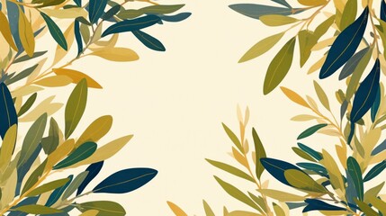 Hand Drawn Olive Branch Pattern Border,  Elegant Green and Beige Olive Tree Leaves for Kitchen or Home Decor with copy space 