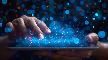 Hand of businessman showing cloud computing on tablet. Generative AI
