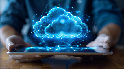 Hand of businessman showing cloud computing on tablet. Generative AI